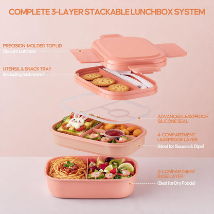Adults Bento Lunch Box Set with Lunch Bag, 3-Tier Stackable Leak-Proof Lunch Containers, BPA-Free Bento Box with Built-in Utensils,Microwave & Dishwasher Safe for Work, School, Dining Out（Pink）