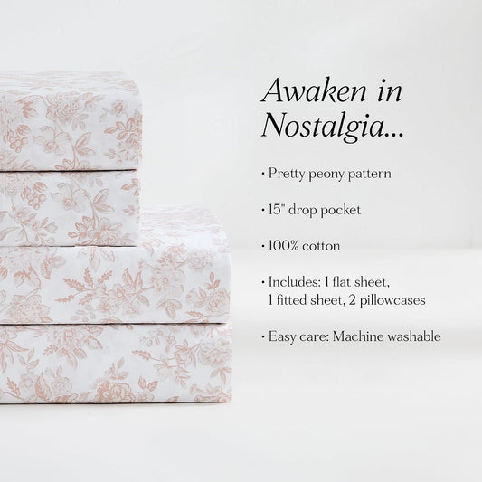 Lush Decor Peony Toile Cotton Sheet Set 4 Piece Set Full Peach - Cotton Sheets - Floral Bed Sheets - Kids Bedding - Pink - Coquette Decor