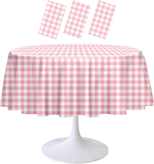 3 Pack Pink Gingham Tablecloth Round 84 x 84 Inch Round Plastic Checkered Table Cloth Disposable Plaid Table Cover for Picnic Party Birthday Wedding Baby Shower Circle Pink Tablecloth