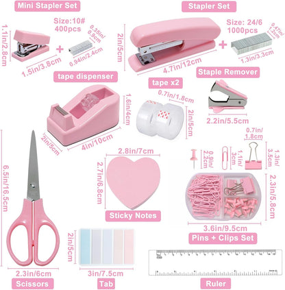 LunaBeam Pink Office Supplies Set, 11-Piece Stationery Kit: Stapler, Tape Dispenser, Tapes, Scissors, Staple Remover, Binder Clips, Push Pins, Sticky Notes, Ruler, and Tabs for Students, Teachers