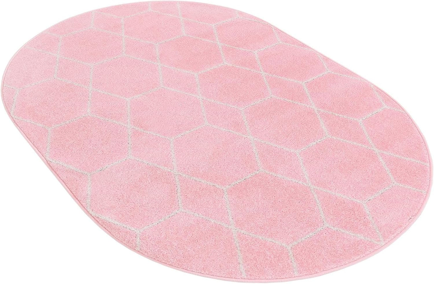 Rugs.com - Lattice Frieze Rug – 4' 1 x 6' 1 Oval Light Pink Easy-Clean Area Rug – Modern Trellis Pattern, Soft for Bedrooms and Nurseries