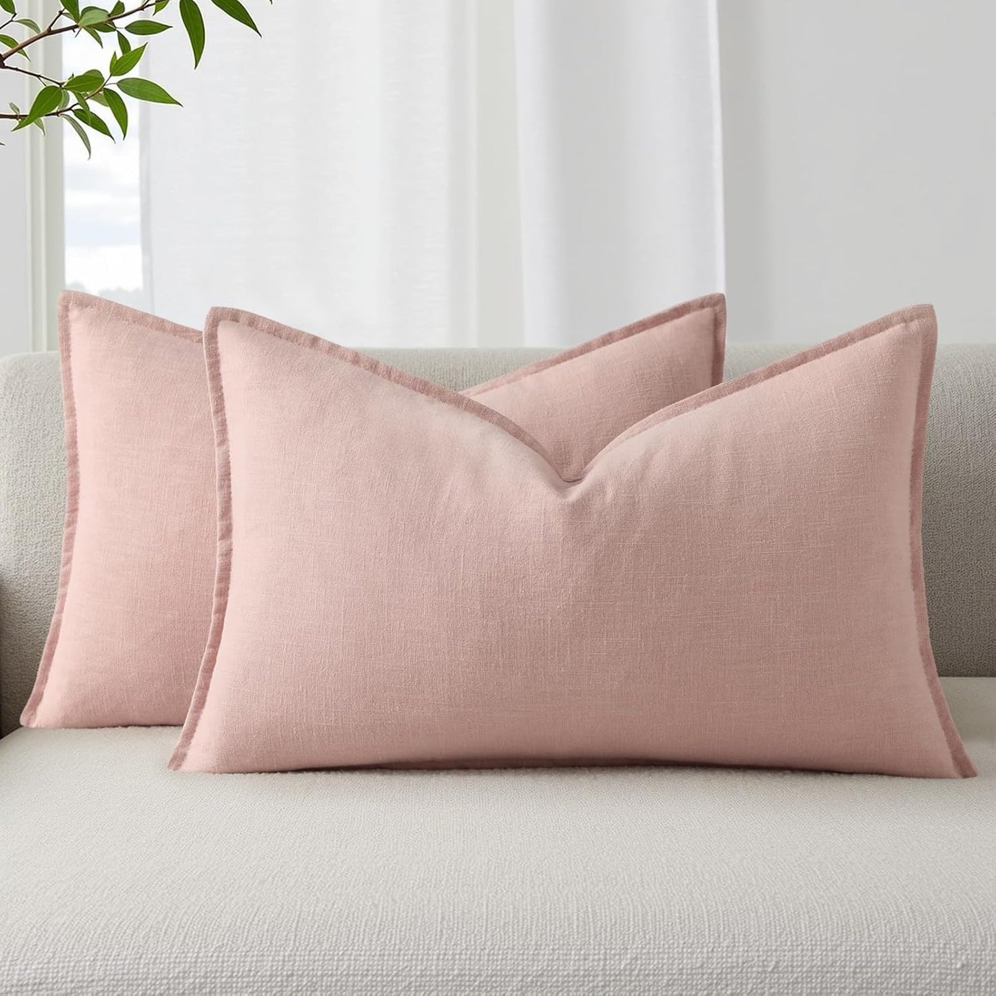 decorUhome Summer Decorative Linen Throw Pillow Covers 12x20 Inch Set of 2 Pink Lumbar Pillow Covers with Flange Edges Soft Farmhouse Boho Accent Pillow Cases for Couch Bed Living Room