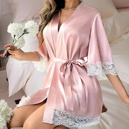 Womens Silk Robe Short Lace Trim Satin Robe 3/4 Sleeve Sexy Kimono Bride Bathrobe Comfy Sleepwear