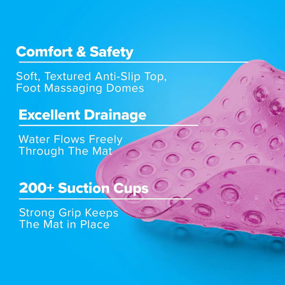 SlipX Solutions Power Grip Extra Long Bath Tub & Shower Mat 39x16, Wet Floor Non-Slip for Elderly & Kids Bathroom, 30% Longer Bathtub Mats, 200 Suction Cups, Drain Holes (1, Translucent Pink)