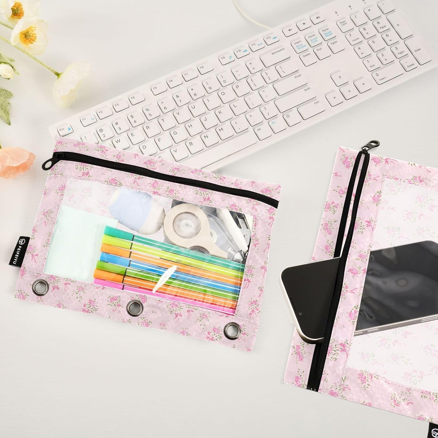 Bolaz Binder Pencil Pouch for 3 Ring Binder Pencil Case Bags Pink Small Floral with Zipper Girls Clear Window 2 Pack