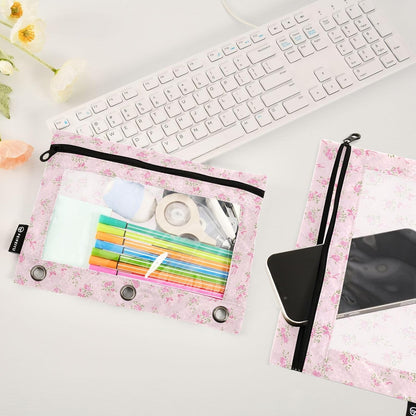 Bolaz Binder Pencil Pouch for 3 Ring Binder Pencil Case Bags Pink Small Floral with Zipper Girls Clear Window 2 Pack