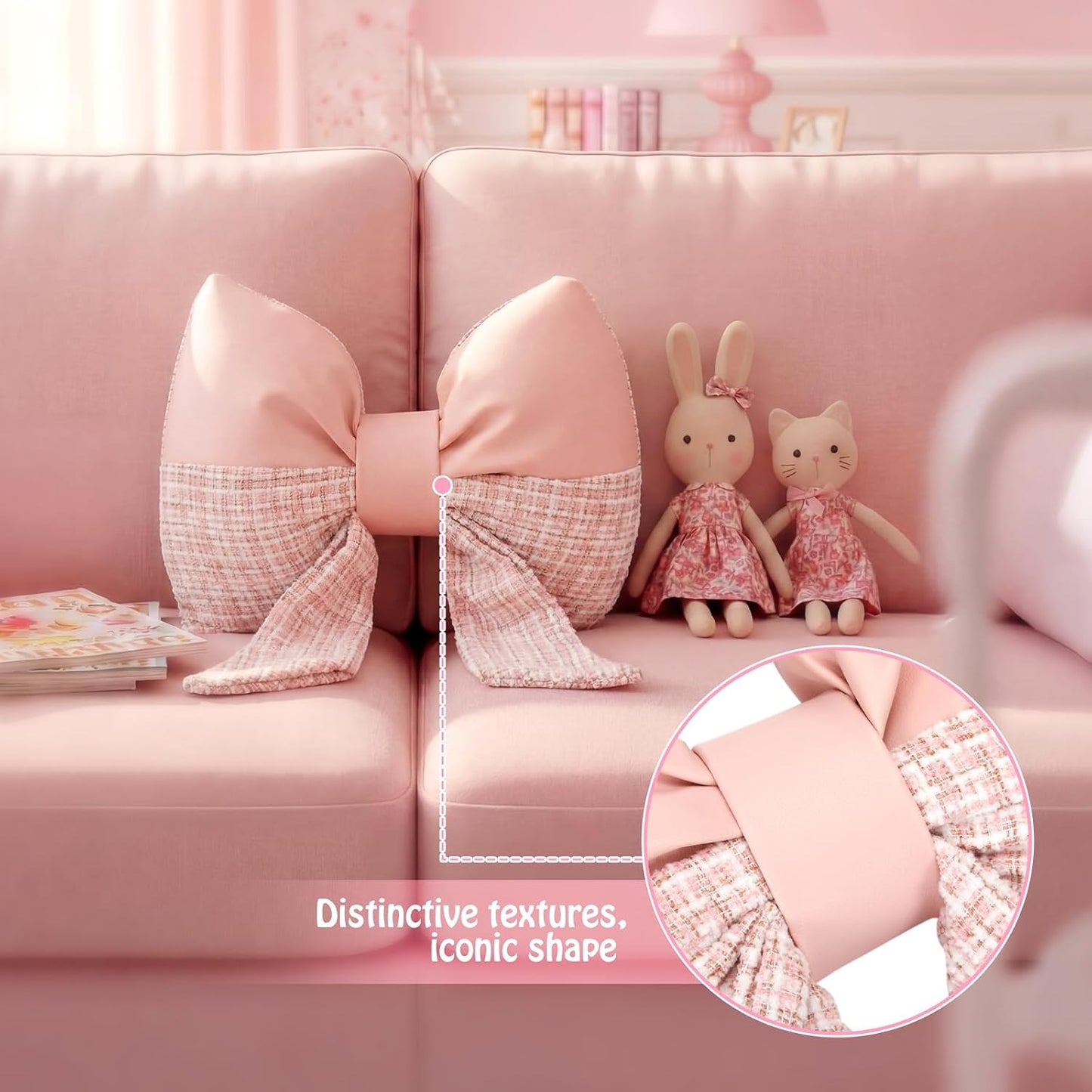Kathfly Pink Bow Pillow Bow Shaped Throw Pillows Decorative Cute Cushion Aesthetic Decor for Room Bed Couch Sofa (Faux Leather,Tweed,Elegant)