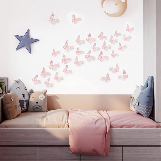 SAOROPEB 3D Wall Decor, 72 Pcs 3 Sizes 3 Styles, Pink Butterfly Decorations - Removable Stickers for Room Decor, Party Balloons, Cake Decoration, Flower Arrangements