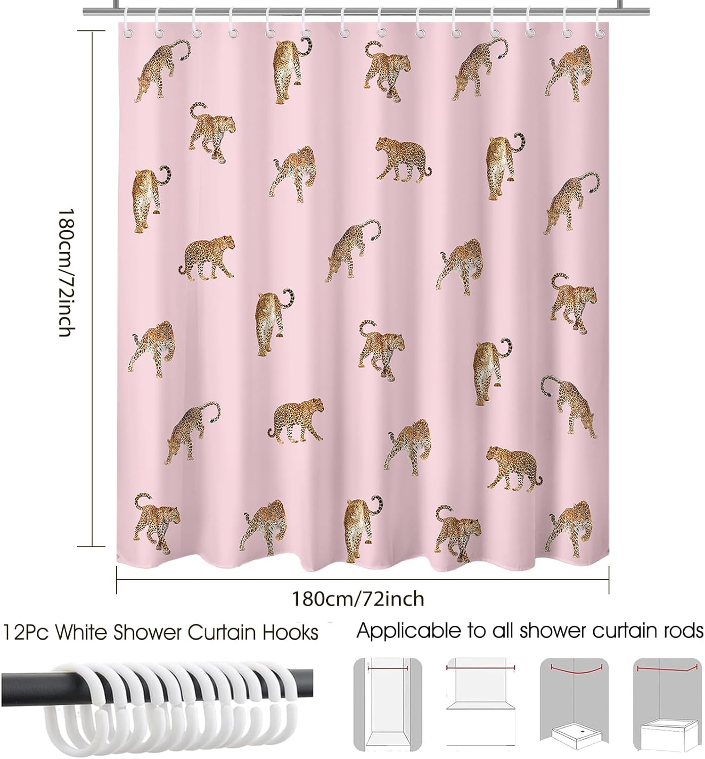 Mocsicka Pink Leopard Shower Curtain for Bathroom Cute Funny Leopard Print Shower Curtain Waterproof Fabric Wild Animals Cheetah Bath Curtain for Leopard Decor with 12 Hooks, 72 X 72 Inch