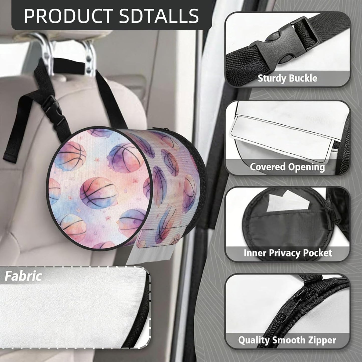Round Tissue Holder Bag Car Hanging Tissue Boxes Cover with Adjustable Strap Foldable Roll Storage Bags with Zipper Tissues Case Organizer for Home Decor Toilet Office(Pink Basketball)