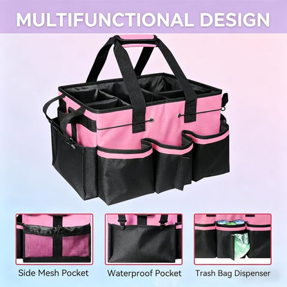 Wearable Cleaning Caddy Organizer with Handle & Adjustable Shoulder Strap 4 Foldable Compartments, Cleaning Supplies Caddy for Housekeepers, Car, Home, Hotel & Outdoor Cleaning Bag（Pink）