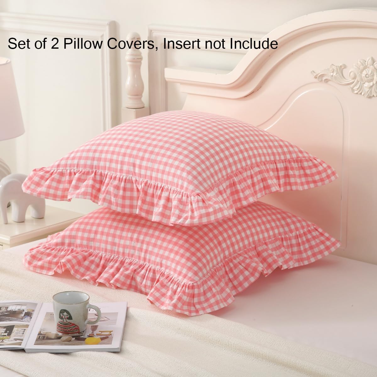 Silnuo Pink Plaid Ruffle Throw Pillow Covers Set of 2,Shabby Washed Cotton Checkered Gingham Pillow Shams Decorative Pillowcases for Sofa,Couch,Liviing Room