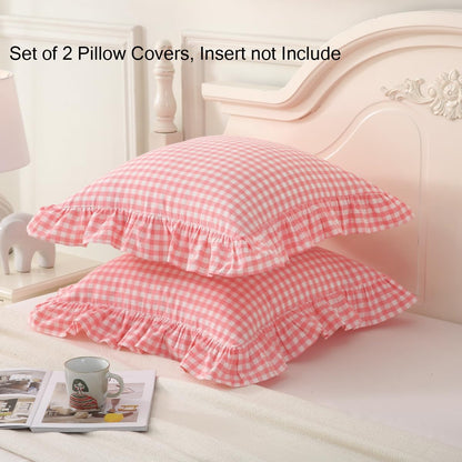 Silnuo Pink Plaid Ruffle Throw Pillow Covers Set of 2,Shabby Washed Cotton Checkered Gingham Pillow Shams Decorative Pillowcases for Sofa,Couch,Liviing Room