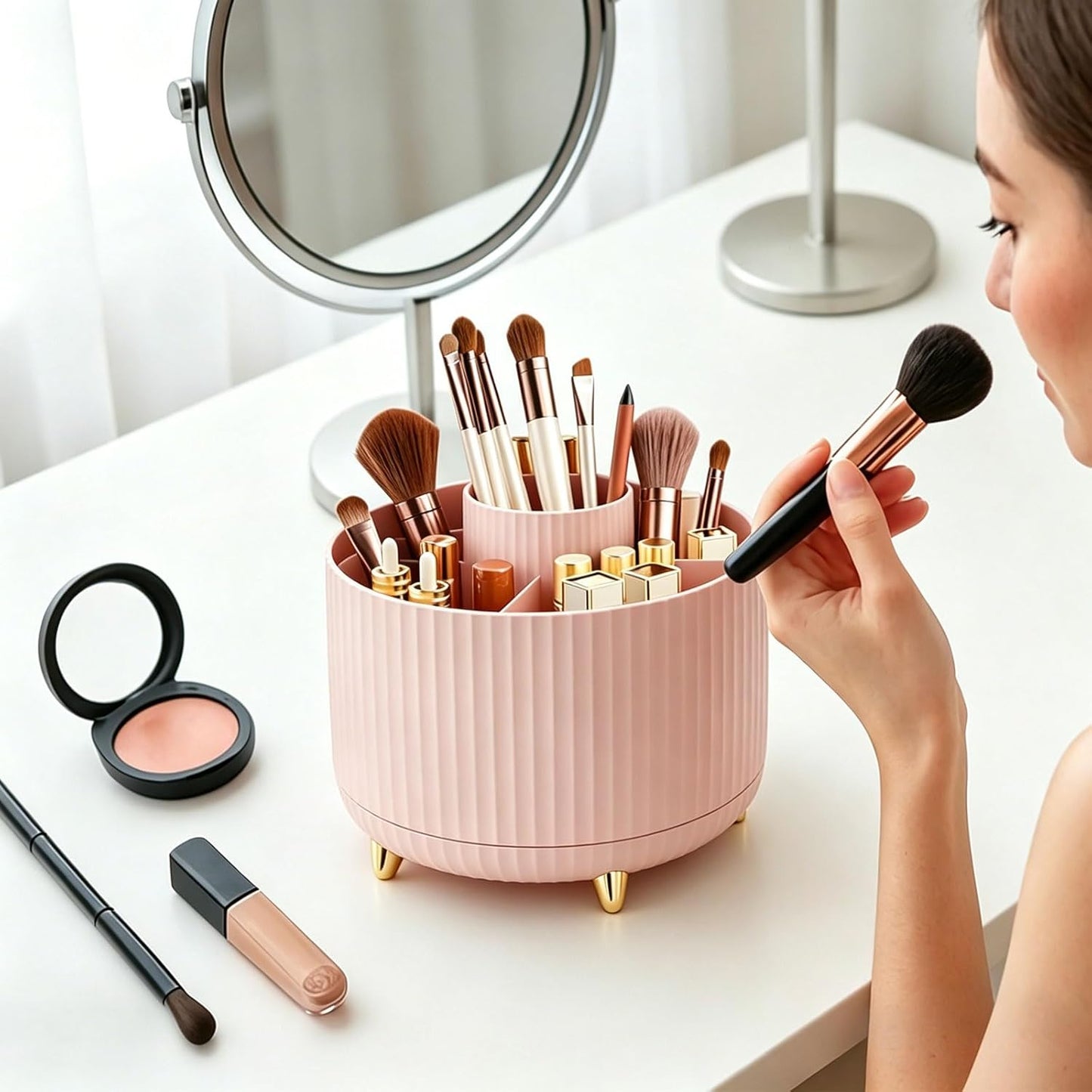 360 Rotating Makeup Brush Holder Organizer, 5-Slot Spinning Cosmetics Cup for Makeup Brushes, Nail Polish & Art Supply, Bathroom Vanity Desktop Organizer, Pink