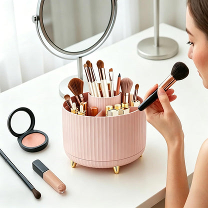 360 Rotating Makeup Brush Holder Organizer, 5-Slot Spinning Cosmetics Cup for Makeup Brushes, Nail Polish & Art Supply, Bathroom Vanity Desktop Organizer, Pink