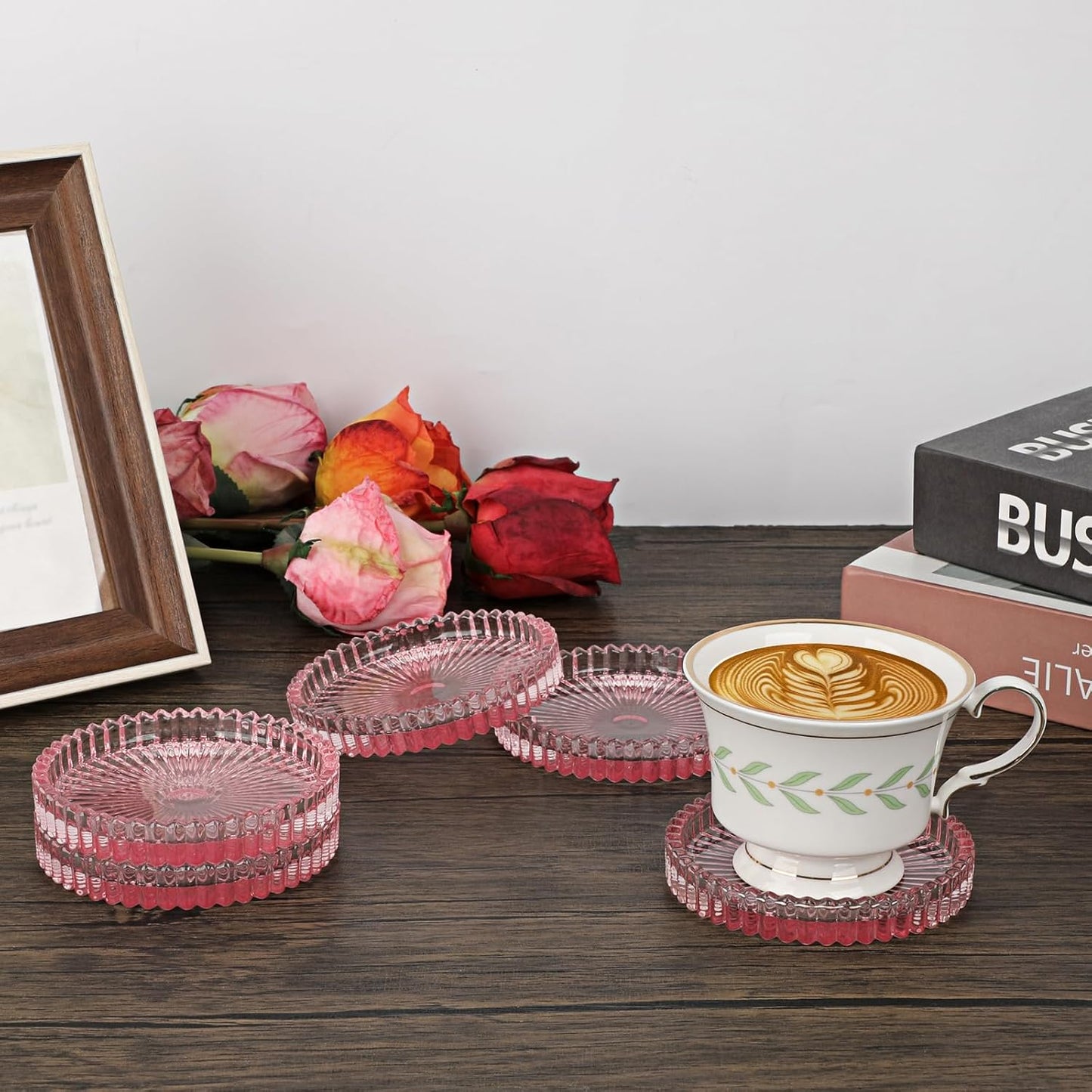 Modern Clear Glass Coaster Set of 8- Coffee Table Coasters, Crystal Coaster Round Cup Mats, Coasters for Office, Kitchen, Bar, Dining Room, Living Room, Patio(Clear Pink)