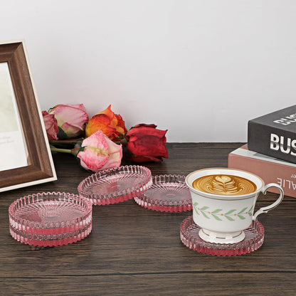 Modern Clear Glass Coaster Set of 8- Coffee Table Coasters, Crystal Coaster Round Cup Mats, Coasters for Office, Kitchen, Bar, Dining Room, Living Room, Patio(Clear Pink)
