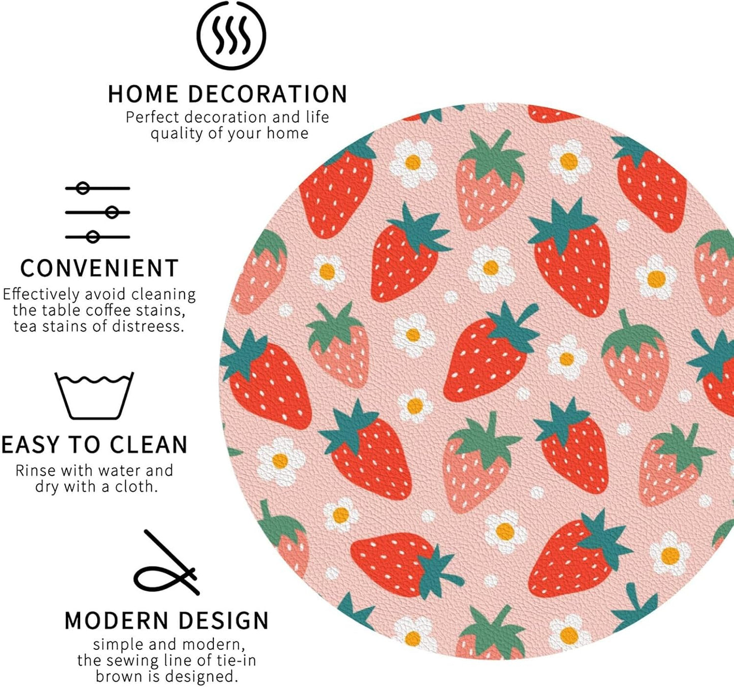 Strawberry and Flowers Cute Pink 6 Pcs Drink Coasters - Leather Coasters Set - Resistant Round Coaster Non-Slip Table Mat - Kitchen Bar Home Decor Housewarming Gift