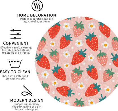 Strawberry and Flowers Cute Pink 6 Pcs Drink Coasters - Leather Coasters Set - Resistant Round Coaster Non-Slip Table Mat - Kitchen Bar Home Decor Housewarming Gift