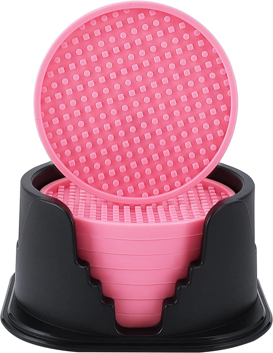 Amooca Silicone Coasters 8 Pack with Holder Anti-Slip Non-Stick Drink Coaster Deep Tray Cup Mat for Hot or Cold Drinking Peach Pink Dots