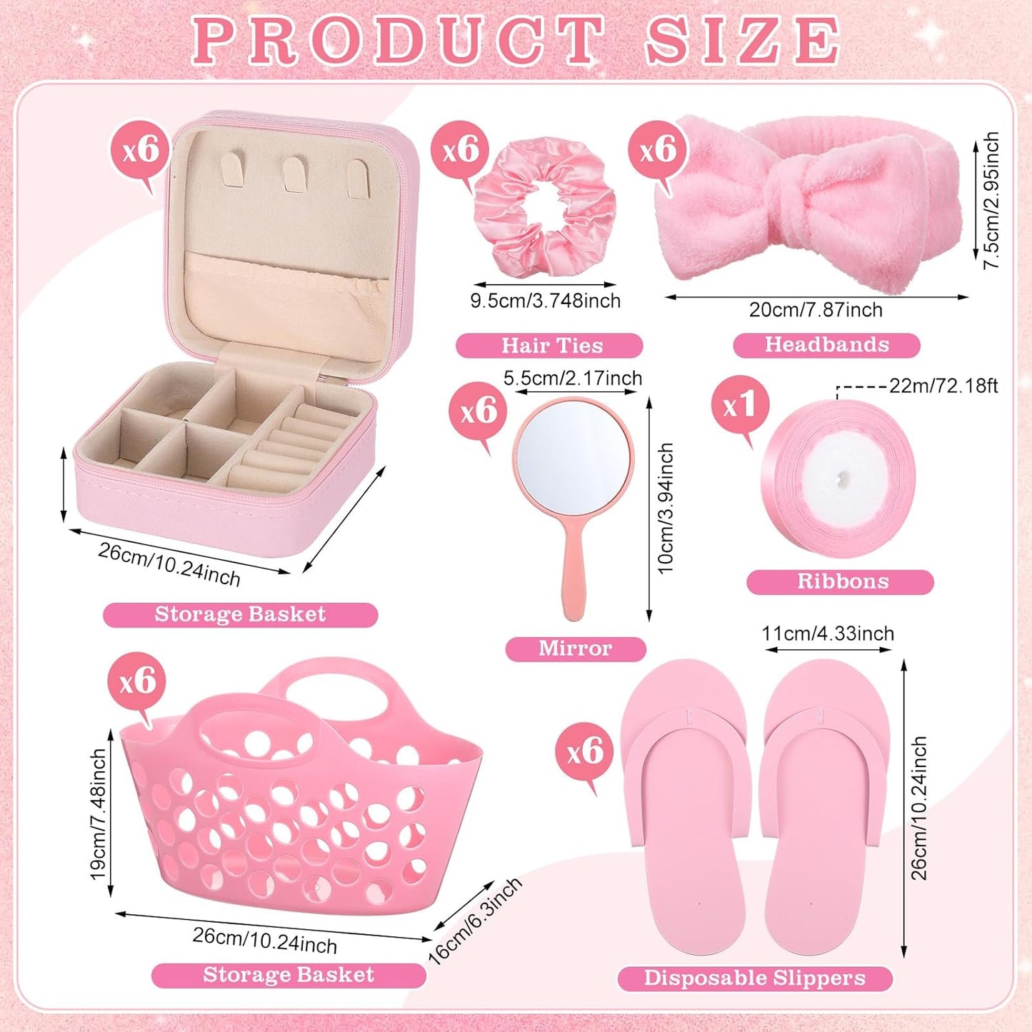 SiliFine 36 Pcs/ 6 Set Spa Sleepover Pink Party Favors Supplies for Girls Kit, Includes Storage Basket, Disposable Slipper, Mirror, Hair Tie, Headband, Jewelry Box, Ribbon for Birthday Graduation Gift