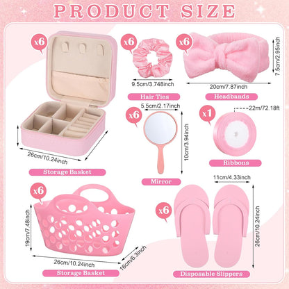SiliFine 36 Pcs/ 6 Set Spa Sleepover Pink Party Favors Supplies for Girls Kit, Includes Storage Basket, Disposable Slipper, Mirror, Hair Tie, Headband, Jewelry Box, Ribbon for Birthday Graduation Gift