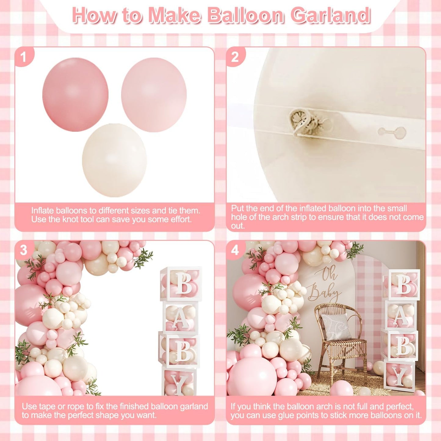 Pink Balloon Arch Garland Kit, 132Pcs Pink Baby Shower Decorations for Girl Baby Boxes with Letters for Boho Baby Shower Birthday Gender Reveal Party Wedding Decorations