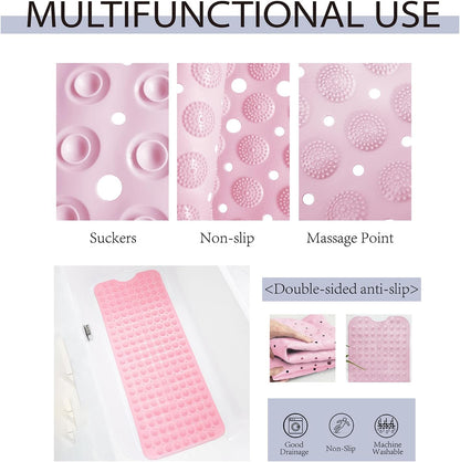 Non-Slip Bath Tub Mat, Extra Large 40x16 Inch Shower Mat with Suction Cups & Drain Holes, Quick Dry Soft Mat for Bathroom Floor Safety, Massage Style, Pink