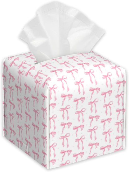 Pink Ribbon Bow Tissue Box Cover,PU Leather Tissue Box Holder Square,Modern Home Decoration for Bathroom Living Room Kitchen Office Car,5.2"×5.2"×5.2"