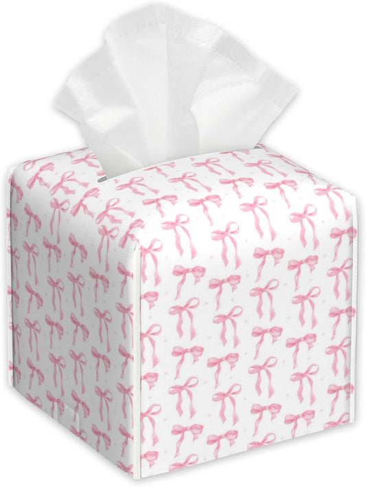 Pink Ribbon Bow Tissue Box Cover,PU Leather Tissue Box Holder Square,Modern Home Decoration for Bathroom Living Room Kitchen Office Car,5.2"×5.2"×5.2"