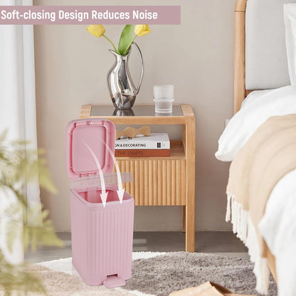 rejomiik Small Bathroom Trash Can with Lid 1.9 Gallon Step Trash Can Slim Garbage Can with Soft-Close Waste Bin for Bathroom, Bedroom, Office, Dorm, RV, Pink