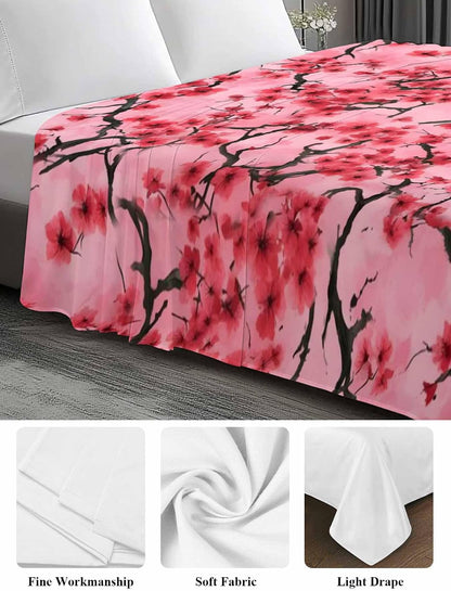 Chinese Flowers Flat Sheets Only Full Size, Soft Breathable Bed Top Sheets for Mattress, Spring Pink Peach Blossoms Floral Luxury Bedding Flat Sheets for Home Hotel Bedroom Bed Protection