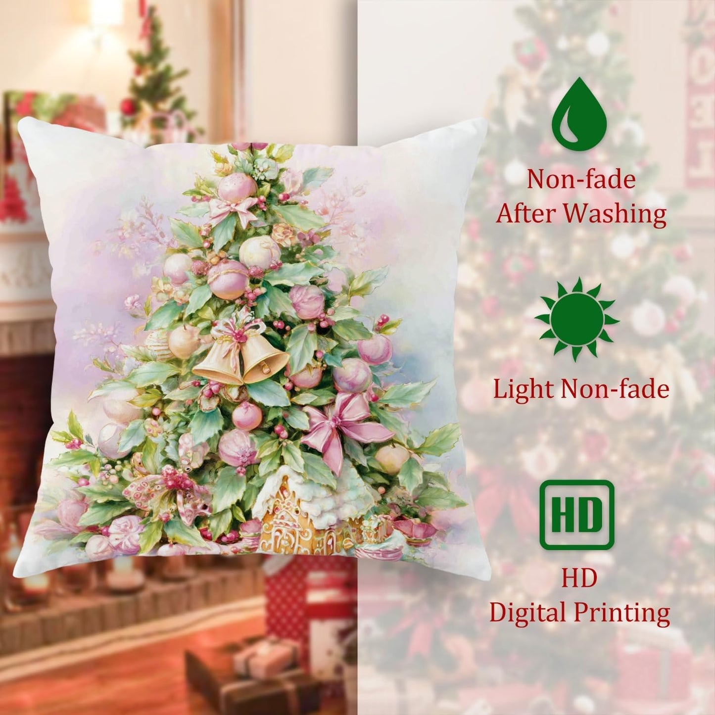 Christmas Tree Throw Pillow Covers, Festive Traditional Ornaments Flowers Xmas Peach Soft Velvet Washable Cover Decorative Pillows for Living Room Bed Office Sofa Chair Decor 20x20 Inch