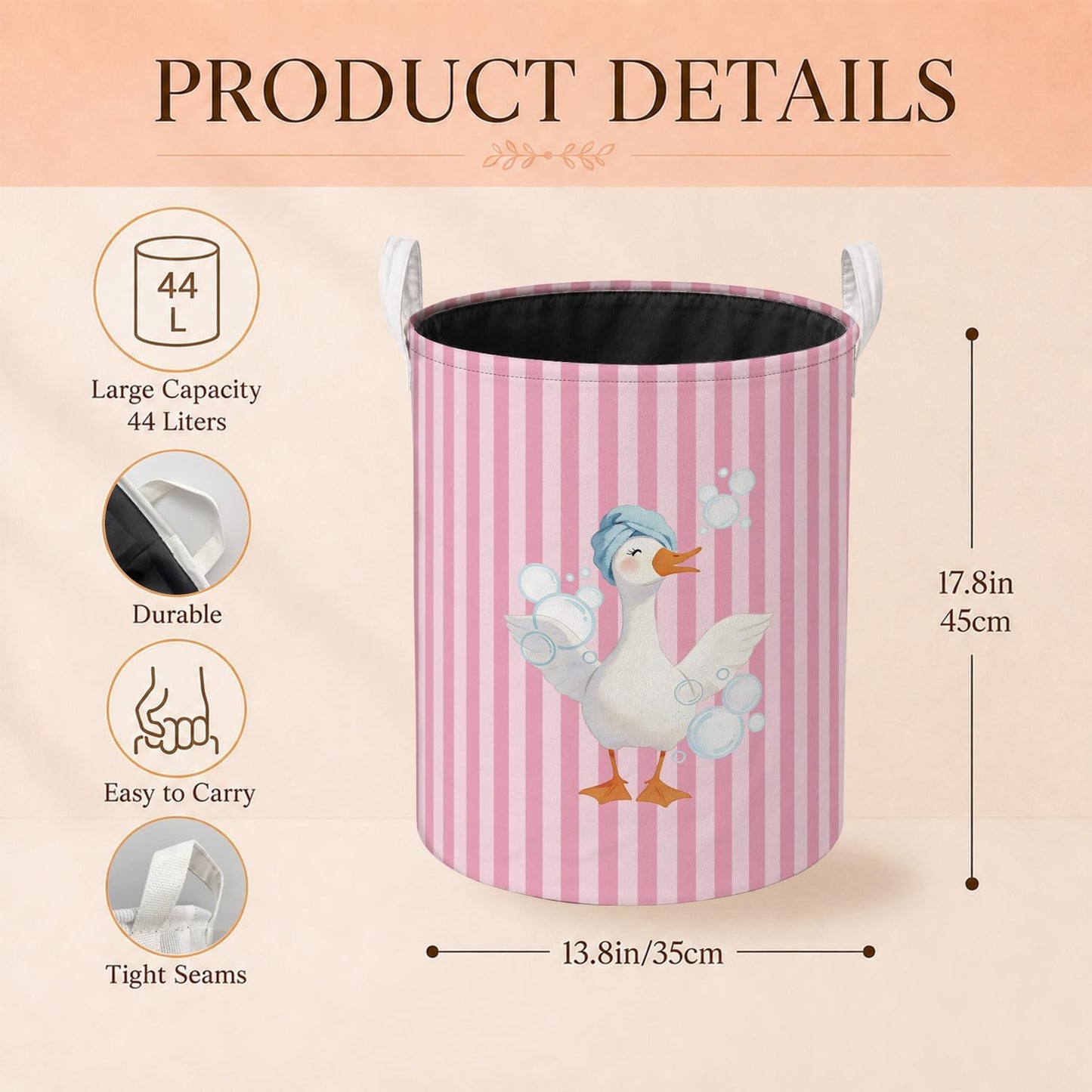Funny Goose Pink Striped Laundry Basket, Preppy Toothbrush Bubble Goose Laundry Hamper Waterproof Collapsible Clothes Toys Storage Bin Organizer for Girls Dorm Bathroom Washroom