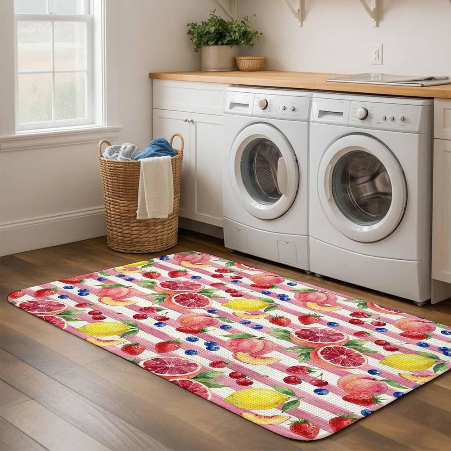 Summer Peach Lemon Grapefruit Doormat 20"x31",Absorbent Front Door Mat Non Slip Welcome Mat, Blueberry Strawberry Pink Stripe Indoor Mats Entryway Rug for Bedroom Kitchen Bathroom