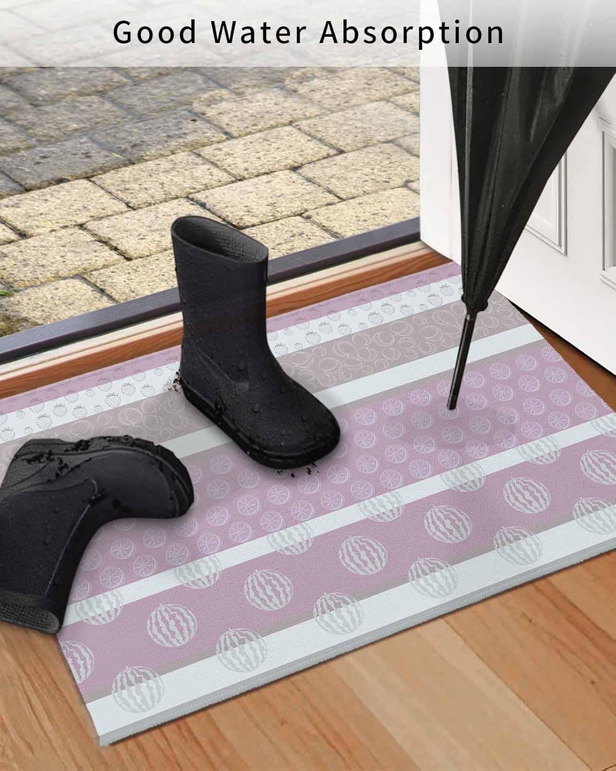 Farm Fruits Door Mat Indoor/Outdoor Entrance, Non Slip Welcome Floor Mats, Watermelon Lemons Peach Pink Grey Striped Absorbent Rug Shoes Scraper Low Profile Front Door Mat for Patio Porch 18"x30"
