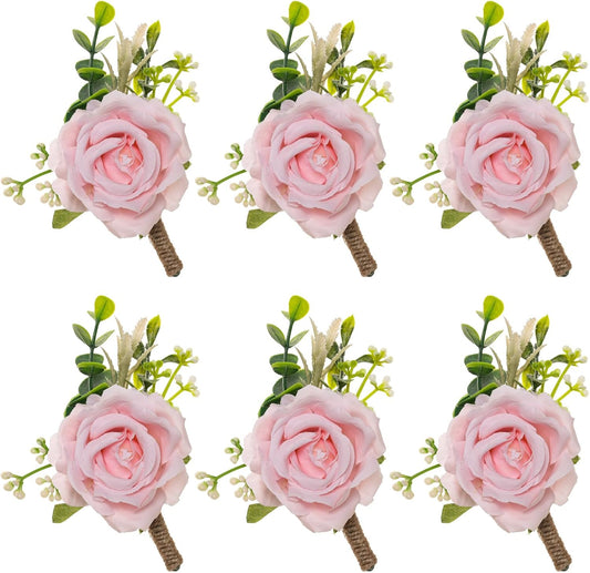 Gvhntk Ivory Rose Boutonniere for Men Wedding Set of 6 Groom Groomsmen Best Man Artificial Flowers Boutonniere for Wedding Ceremony Anniversary Prom Flowers Formal Dinner Party (6, Pink, Middle)