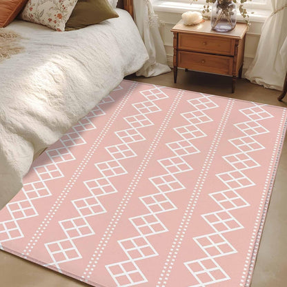 Peach Pink Checkered Washable Area Rug 3x5 Abstract White Geometric Argyle Stripe Low-Profile Large Area Rugs with Non Slip Backing Indoor Floor Carpet for Entrance Living Room Bedroom Home Office