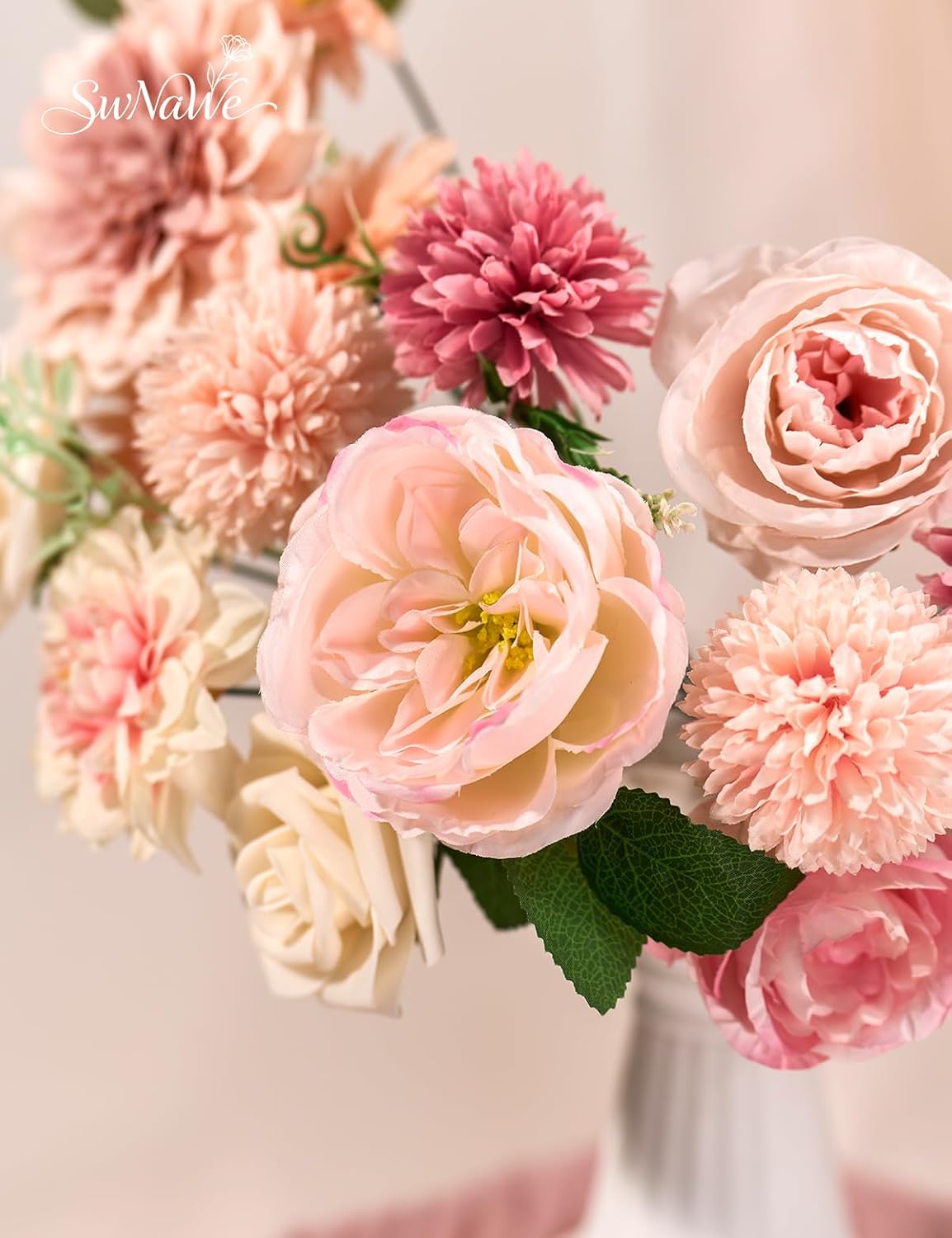 Pink Flowers Artificial Roses Combo Set Fake Pink Silk Flowers Faux Peony Flowers Mix Chrysanthemum Dahlia with Stems for Wedding Bouquets Baby Bridal Shower Party Floral Arrangements Decor