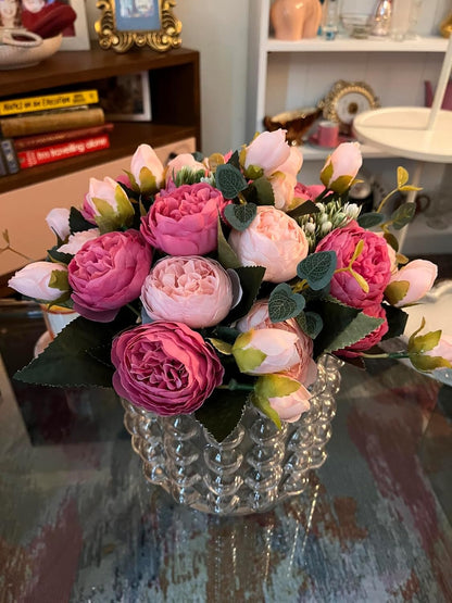 4 Bundles Peonies Artificial Flowers, Fake Silk Peonies Bouquet of Flowers for Home Decor Faux Floral Table Centerpieces for Kitchen Bathroom Wedding Party Decor(Rose Red+Pink)