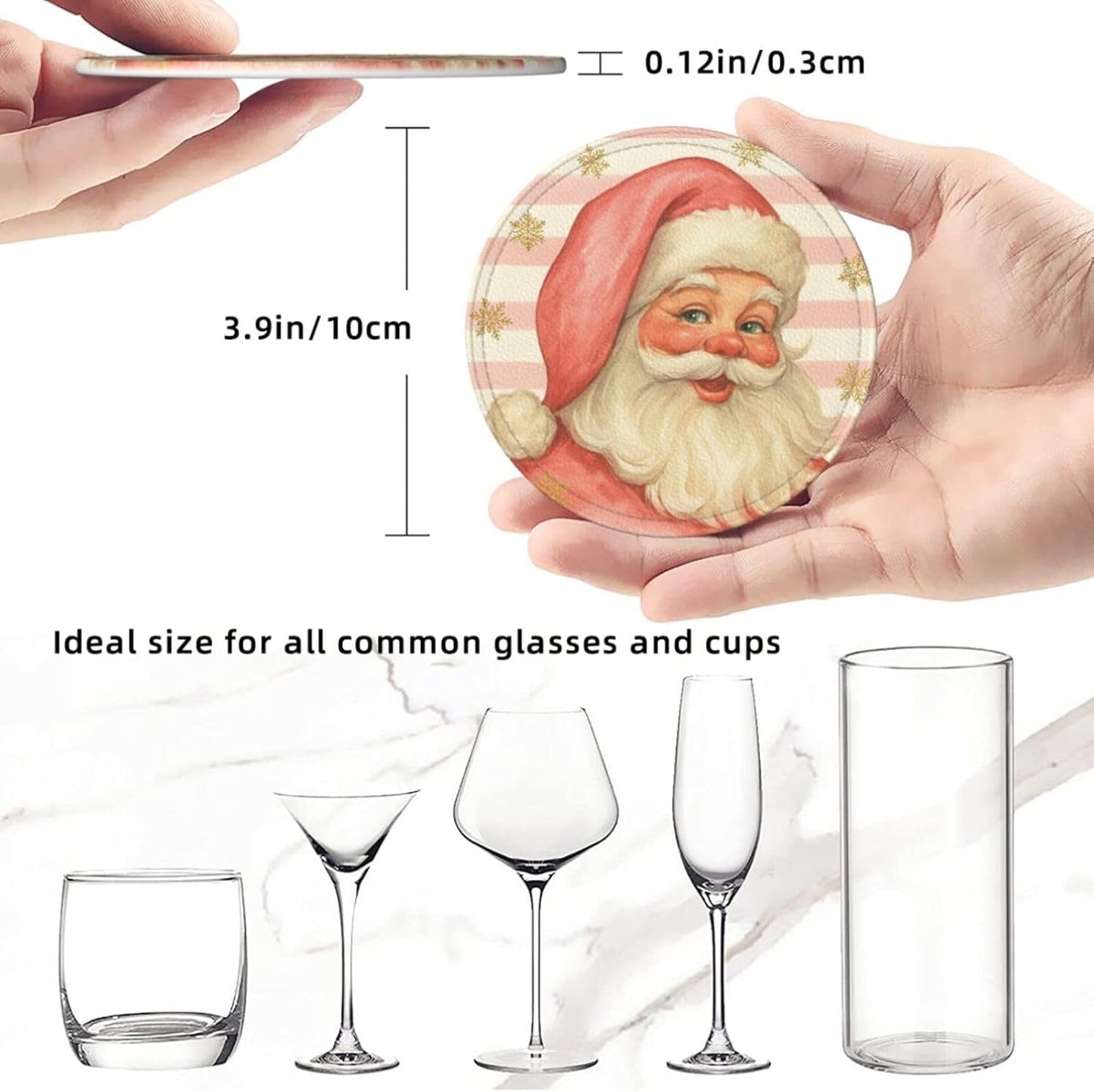 Pink Christmas Santa Claus Striped Coasters for Drinks, Drink Coaster with Holder Set of 6 Round Leather Cup Table Mats for Tabletop Protection Coffee Bar Decor