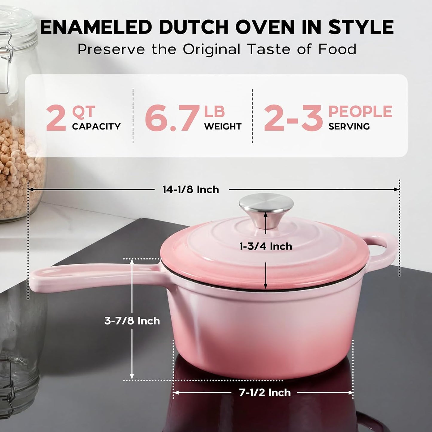 Onader Cast Iron Sauce Pan Pot, 2QT Small Saucepan with Lid, Enameled Cast Iron Dutch Oven Cooking Kitchen Pot – Pink