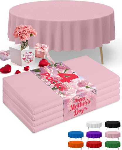 Niuara Pink Plastic Table Cloth - 4 Pack 84" Round Disposable Tablecloths for Round Tables, Table Cover for Valentines, Mother's Day, Holiday Parties & Gatherings