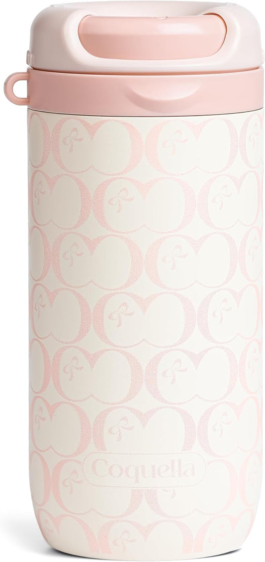 15 oz Stainless Steel Coffee Tumbler with Twist-Open Lid, Insulated Travel Mug for Iced Coffee Cold Brew and Warm Beverages, Leakproof, BPA-Free, Cup Holder Friendly, Bow Charm, Blush Pink