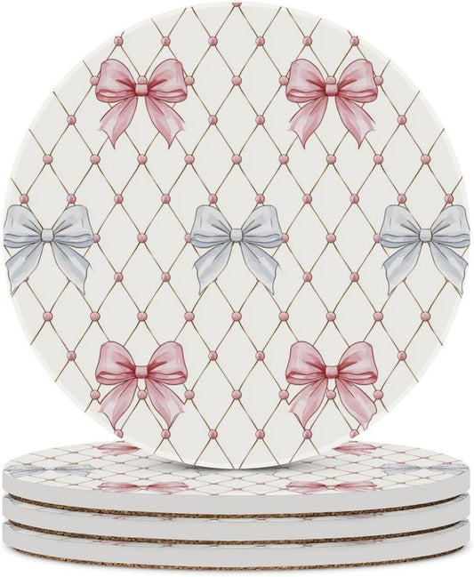 Pastel Pink and Light Blue Ribbon Bows Trellis Ceramic Coasters Set of 4 with Cork Back Absorbent Drink Coasters
