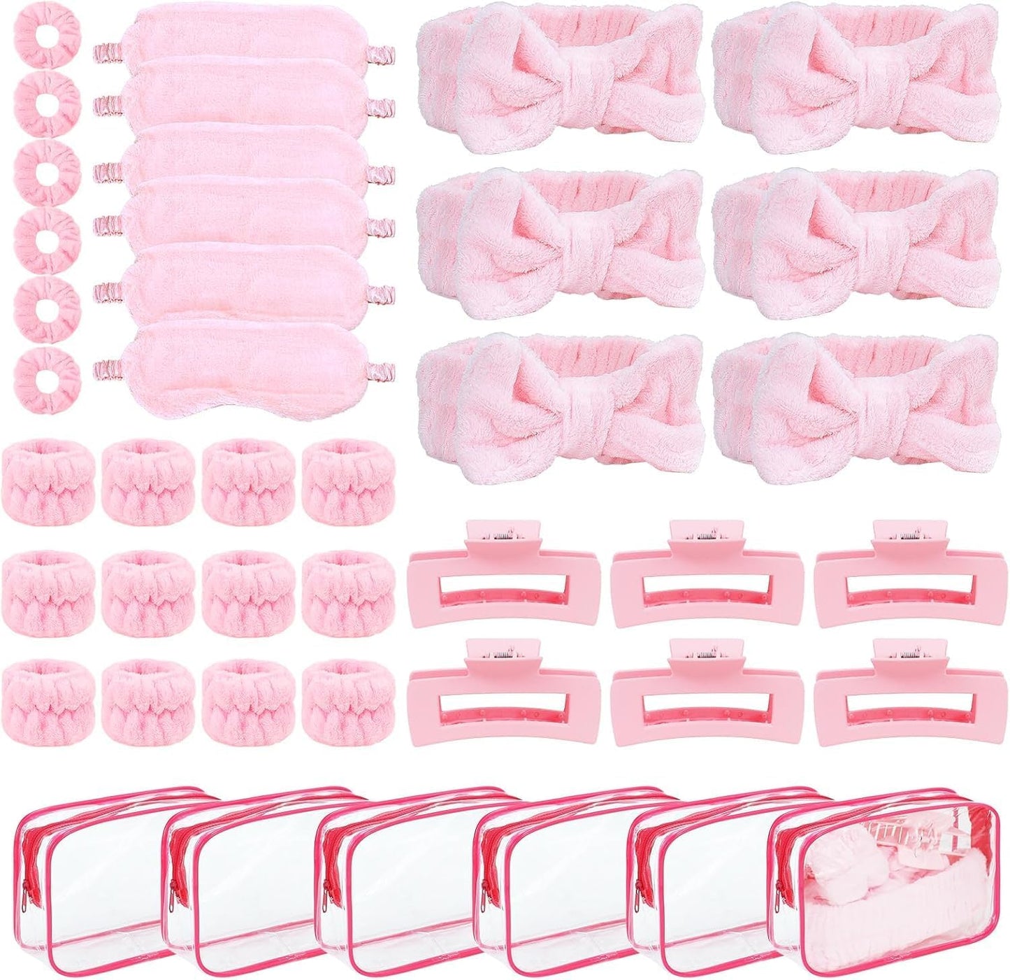 42 Pcs Sleepover Party Supplies Spa Party Favors 6 Pink Spa Headband 6 Pink Plush Sleep Eye Mask 6 Claw Clips 6 Clear Cosmetic Bags 12 Face Washing Wristbands for Slumber Party Gift