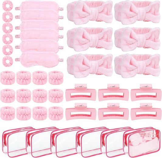 42 Pcs Sleepover Party Supplies Spa Party Favors 6 Pink Spa Headband 6 Pink Plush Sleep Eye Mask 6 Claw Clips 6 Clear Cosmetic Bags 12 Face Washing Wristbands for Slumber Party Gift