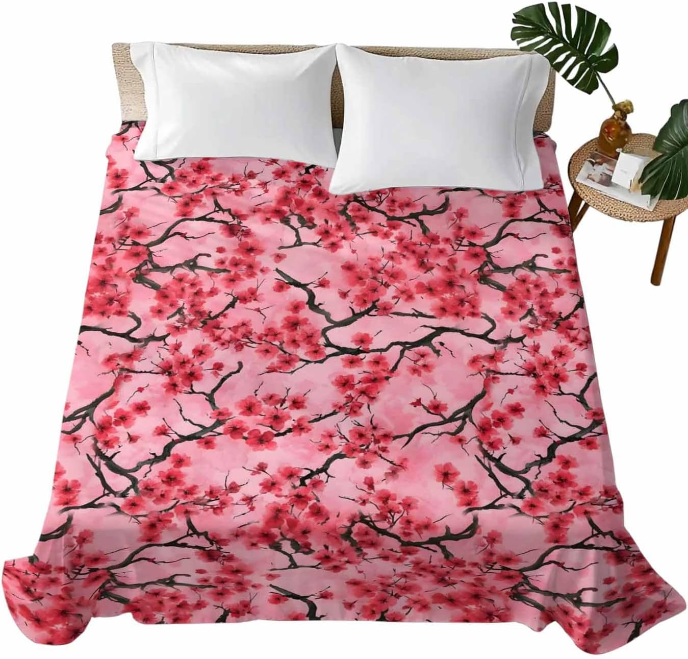 Chinese Flowers Flat Sheets Only Full Size, Soft Breathable Bed Top Sheets for Mattress, Spring Pink Peach Blossoms Floral Luxury Bedding Flat Sheets for Home Hotel Bedroom Bed Protection