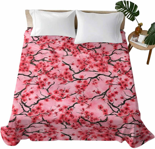 Chinese Flowers Full Size Flat Sheet Only, Hotel Luxury Microfiber Bed Top Sheets, Spring Pink Peach Blossoms Floral Soft Breathable Bedding Sheet for Bedroom, Easy Care - 81" x 96"