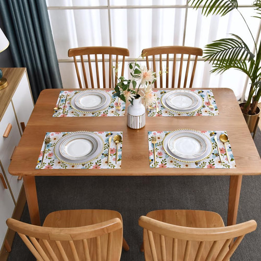 Spring Pink Floral Fabric Placemats Set of 4 Green Leaves Kitchen Dining Table Decoration Washable Polyester Light Blue Flower Cloth Place Mats Outdoor Patio Party Table Decor